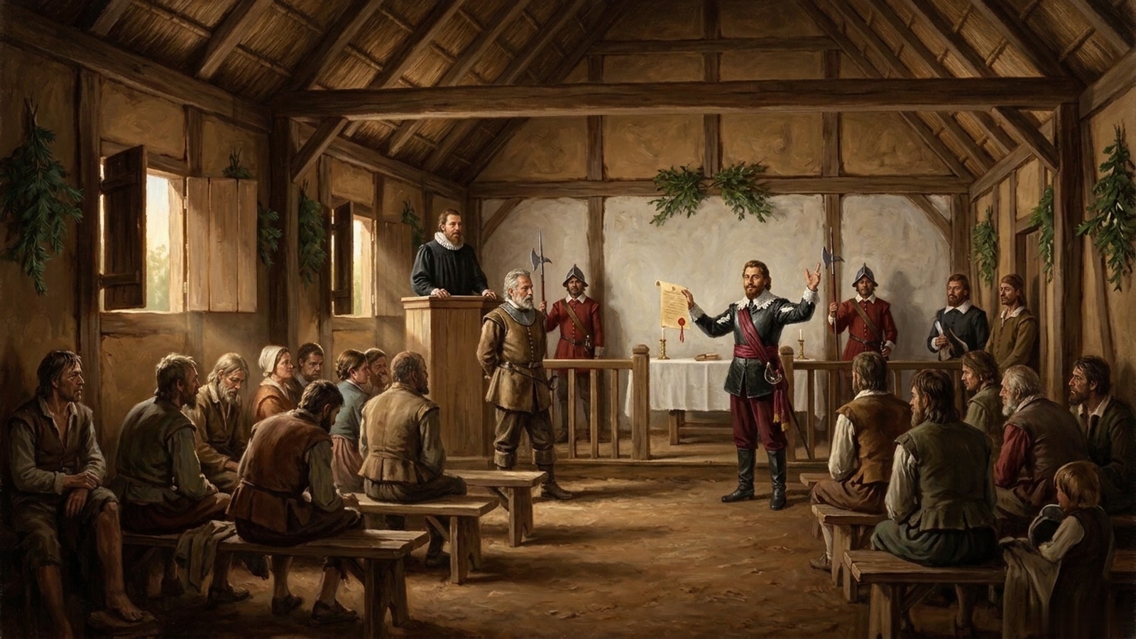 Illustrated congregation gathered in the timber and thatch church at James Fort