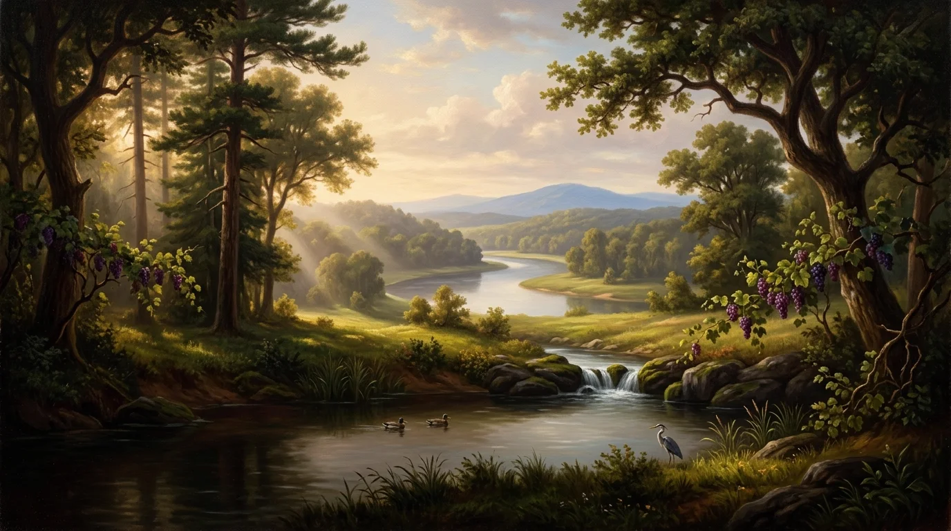 Illustrated wooded river valley in warm evening light