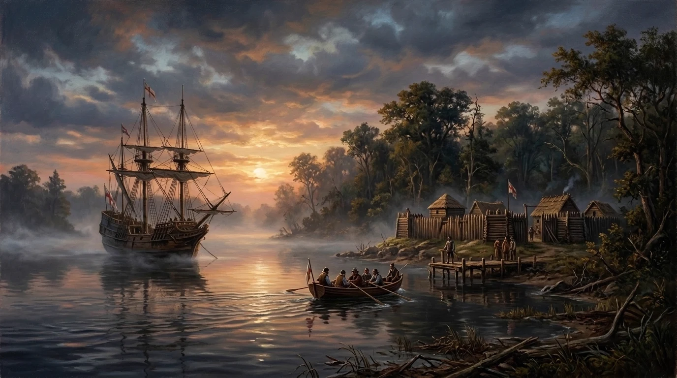 Painted ships and a rowing boat arriving at a wooded settlement on the James River at sunset